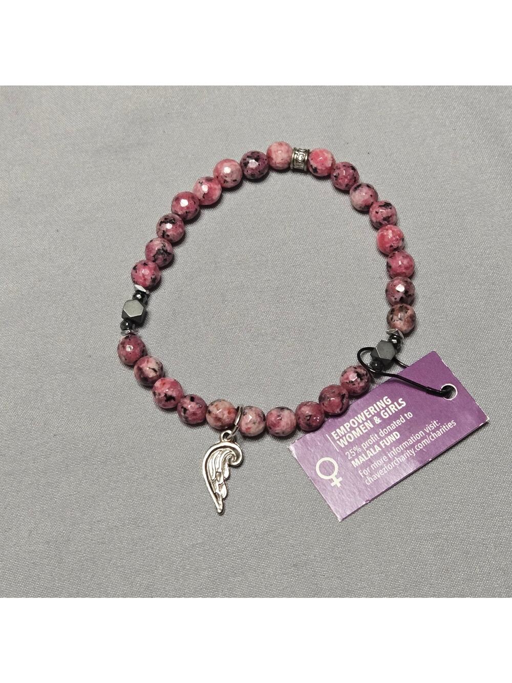 Chavez for Charity Empowering Women & Girls Pink Stone Wing Charm Bracelet